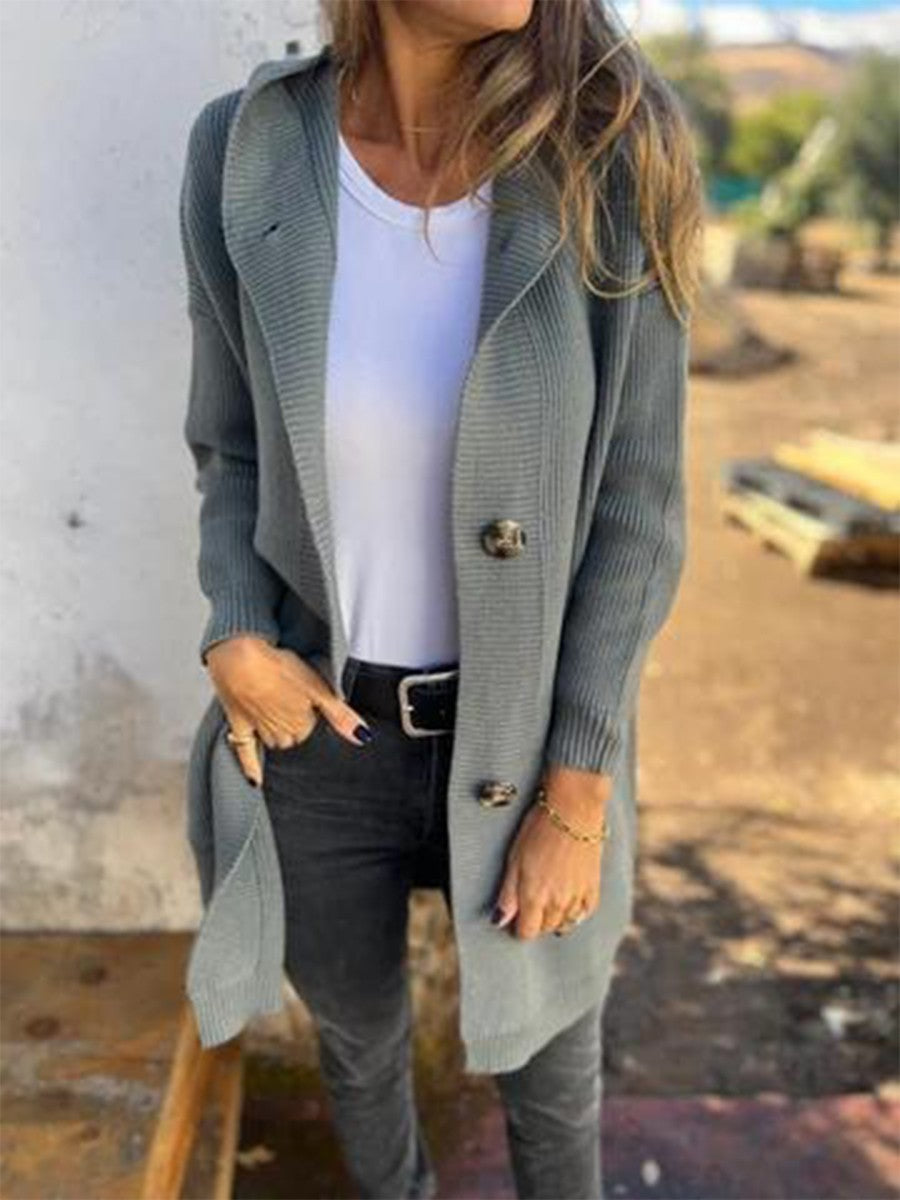 Damen Strickjacke – Weicher Strick – Lockerer Schnitt – Kapuze – Knopfleiste – Gerippt