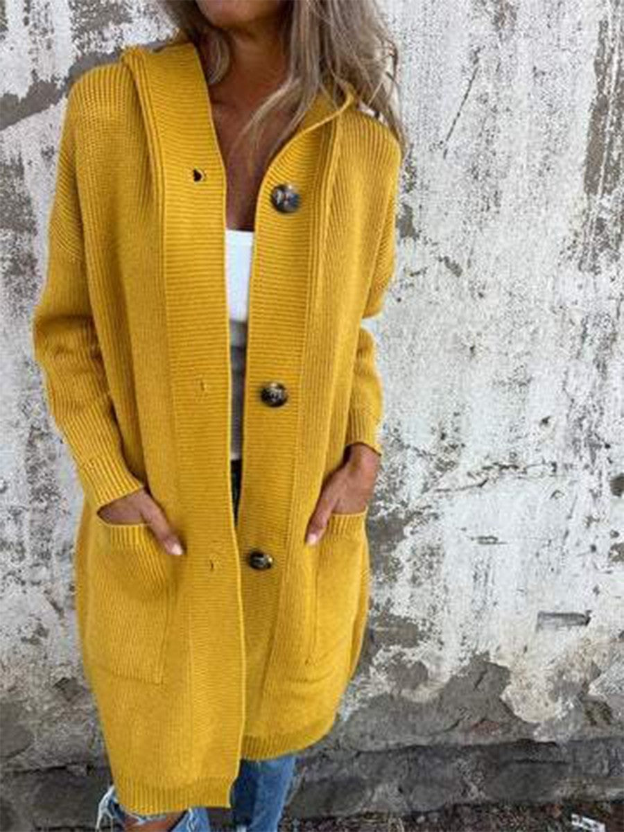 Damen Strickjacke – Weicher Strick – Lockerer Schnitt – Kapuze – Knopfleiste – Gerippt