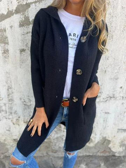 Damen Strickjacke – Weicher Strick – Lockerer Schnitt – Kapuze – Knopfleiste – Gerippt