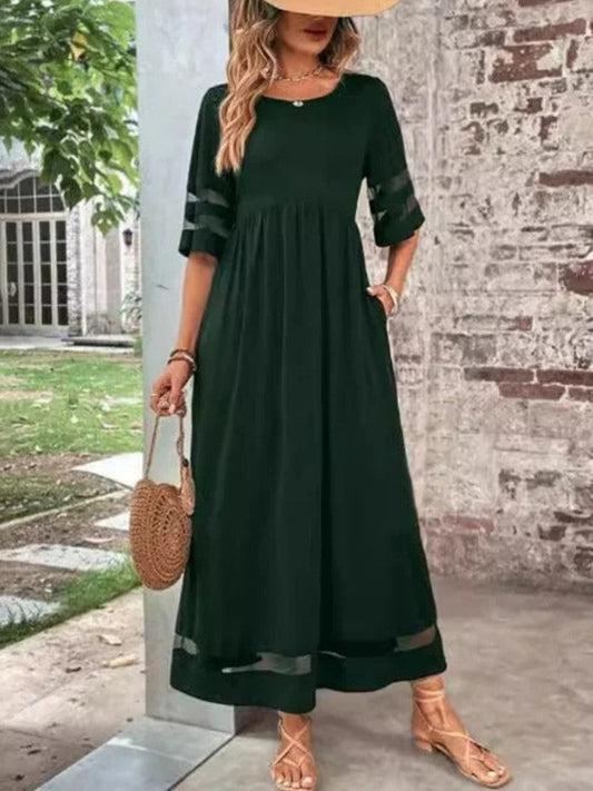 Damen Maxikleid – Lockerer Schnitt – Kurze Ärmel mit Sheer-Detail – Crewneck