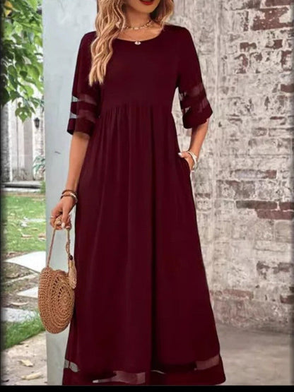 Damen Maxikleid – Lockerer Schnitt – Kurze Ärmel mit Sheer-Detail – Crewneck