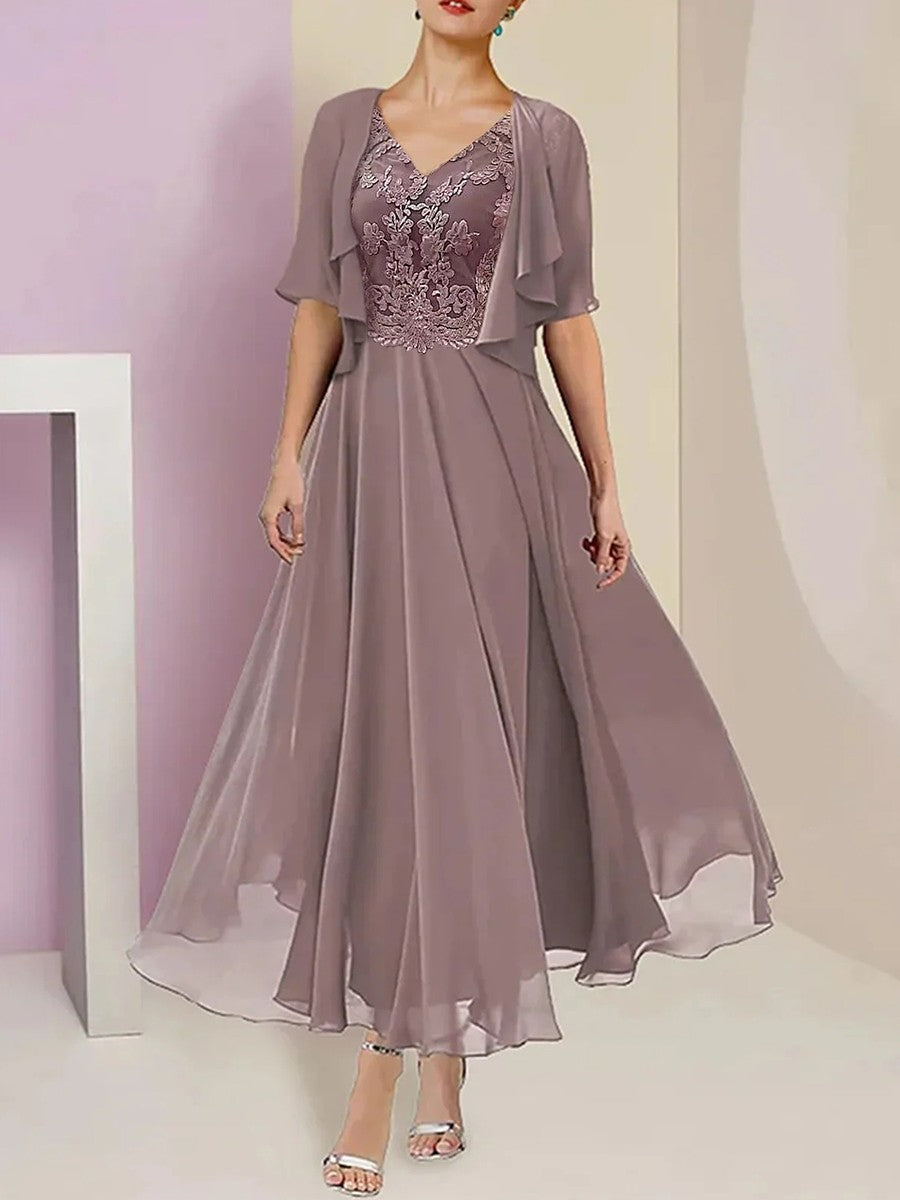 Damen Abendkleid – A-Linie – Spitze mit Stickerei – V-Ausschnitt – Cape-Overlay