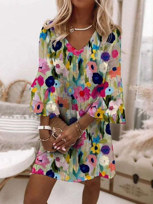 Damen Minikleid – Lockere Passform – Florales Muster – 3/4 Ärmel – Atmungsaktives Gewebe