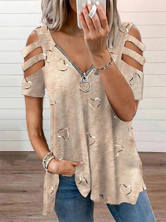 Damen Bluse – Herzmuster – V-Ausschnitt mit Reißverschluss – Luftiger Schnitt – Kurzarm