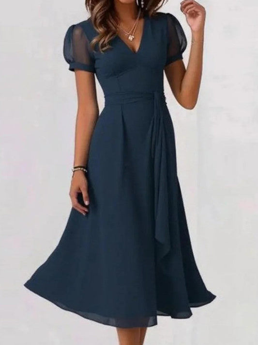 Women’s Midi Dress – Flared A-Line Fit – Sheer Puff Sleeves – V-Neck – Lightweight Fabric