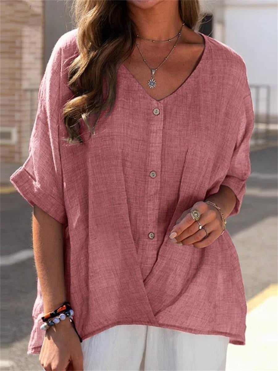 Damen Bluse – V-Ausschnitt – Relaxed Fit – Halbarm – Knopfleiste – Naturfaser