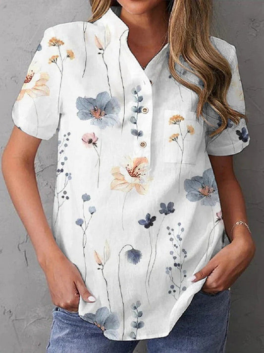 Damen Bluse – Relaxed Fit – V-Ausschnitt – Kurzarm – Florales Muster – Atmungsaktive Mischung