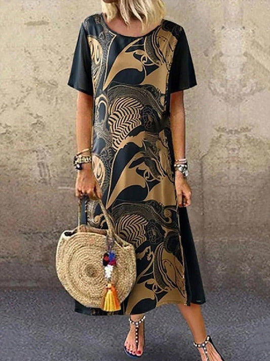Damen Midikleid – Lockerer Schnitt – Rundhals – Kurzarm – Künstlerischer Print