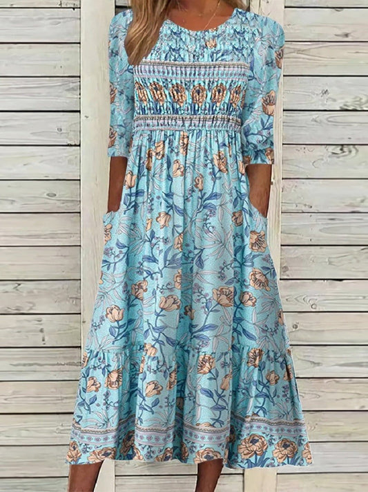 Damen Midikleid – Blumendruck – Smock-Oberteil – Puffärmel – Atmungsaktive Mischung