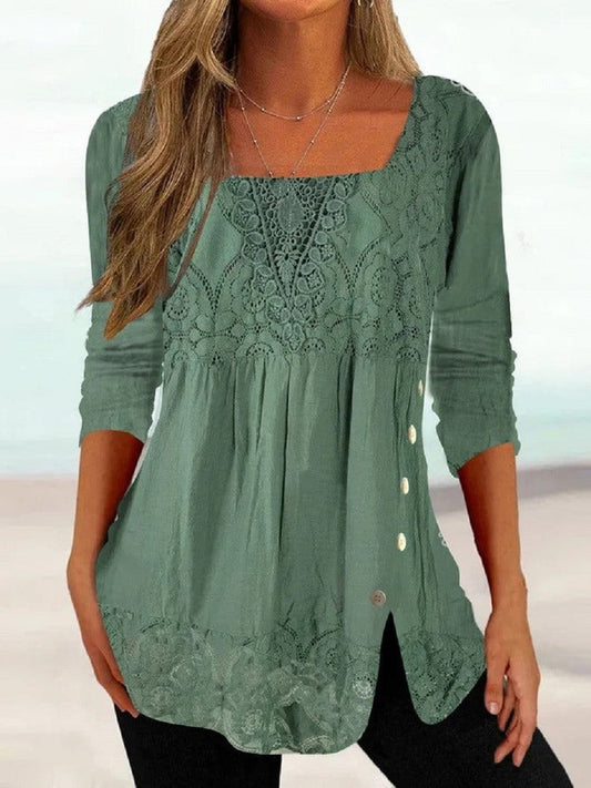 Damen Bluse – Lockerer Schnitt – Weites Design – Spitze – Quadratausschnitt – Langarm