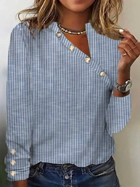Damen Bluse – Langarm – V-Ausschnitt – Gestreift – Lockere Passform – Atmungsaktiv