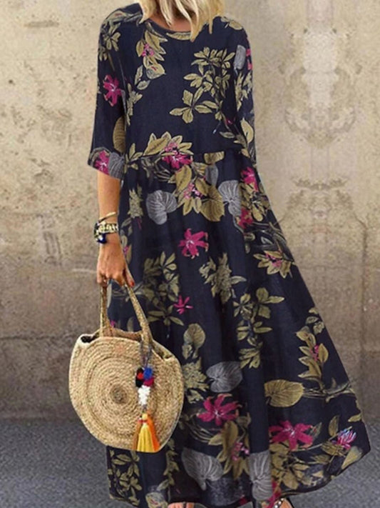 Damen Midikleid – A-Linie – Halblangarm – Luftiges Design mit Blumenmuster