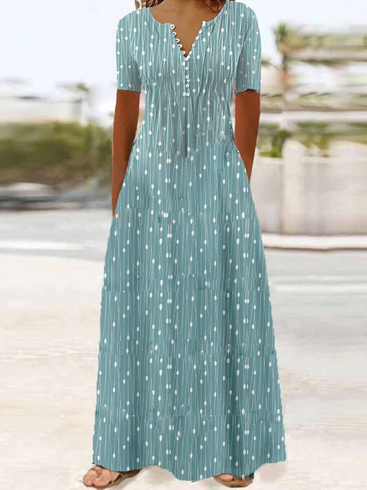 Damen Maxikleid – V-Ausschnitt Knopfleiste – Lockerer Schnitt – Atmungsaktive Mischung – Kurzarm mit Taschen