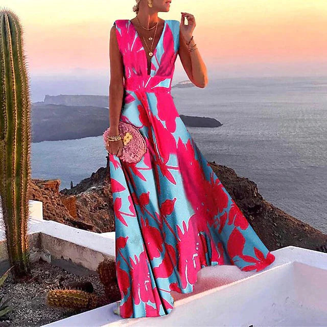 Damen-Maxikleid – Fließender Schnitt – Ärmellos – Tiefer V-Ausschnitt – Blumenmuster – Atmungsaktive Mischung