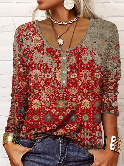Damen Bluse – Lockerer Schnitt – Henley Kragen – Lange Ärmel – Gemustertes Design