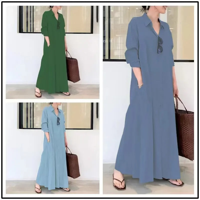 Damen Freizeitkleid – Lockere Passform – Knopfleiste – Mit Taschen – Atmungsaktiver Stoff