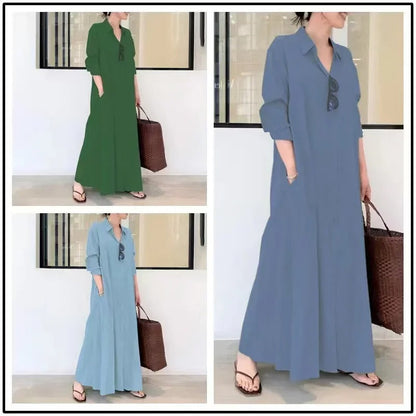 Damen Freizeitkleid – Lockere Passform – Knopfleiste – Mit Taschen – Atmungsaktiver Stoff