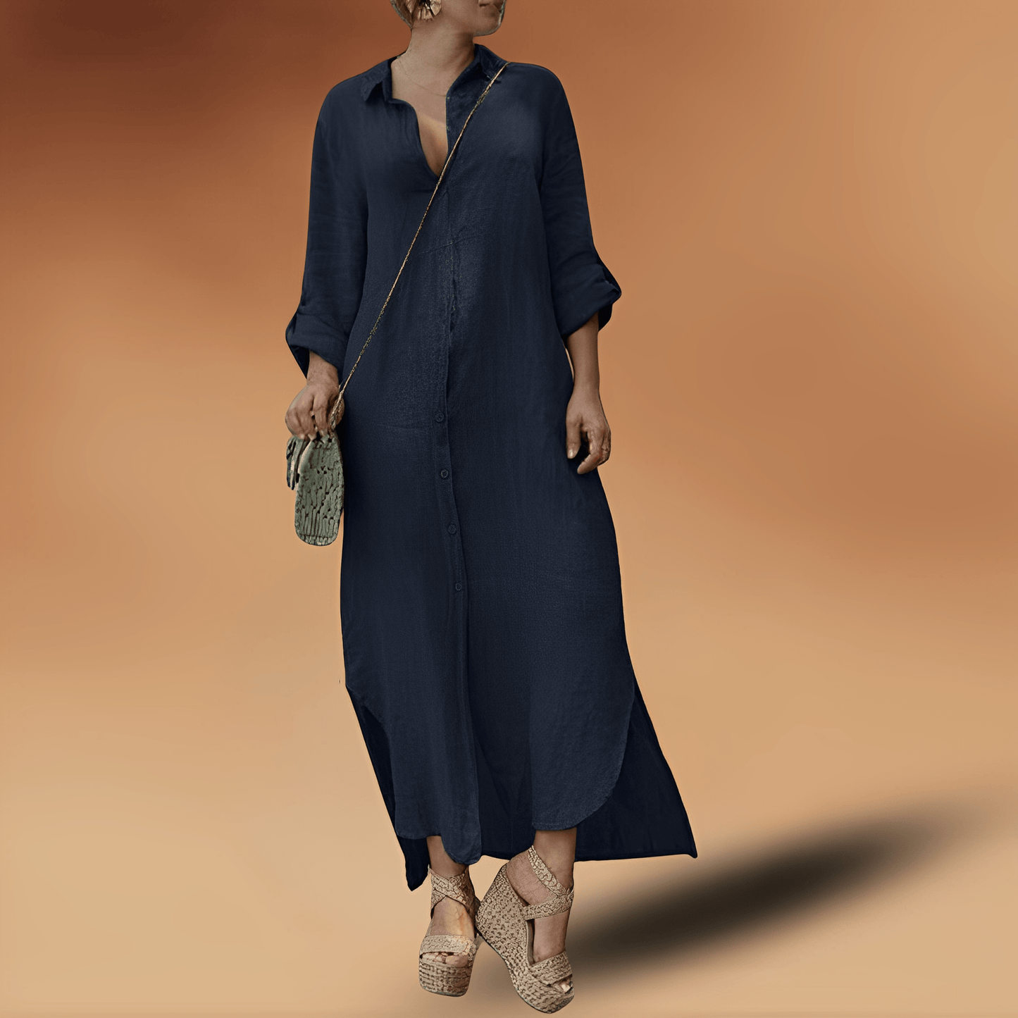 Damen Maxikleid Hemd-Stil – Lockere Passform – Knopfleiste – Naturfaser – Langarm