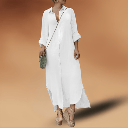 Damen Maxikleid Hemd-Stil – Lockere Passform – Knopfleiste – Naturfaser – Langarm