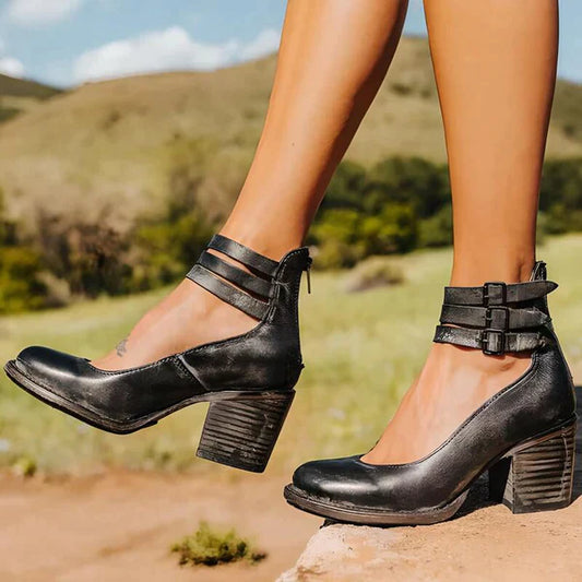 Damen Blockabsatz Pumps – Runde Spitze – Doppelriemen mit Schnalle – Eleganter Look