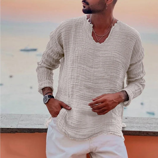 Herren Langarmshirt – V-Ausschnitt – Lockerer Schnitt – Naturfaser – Knitteroptik