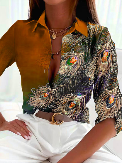 Damen Bluse – Luxusstoff – Taillierte Passform – Federprint – Knopfverschluss