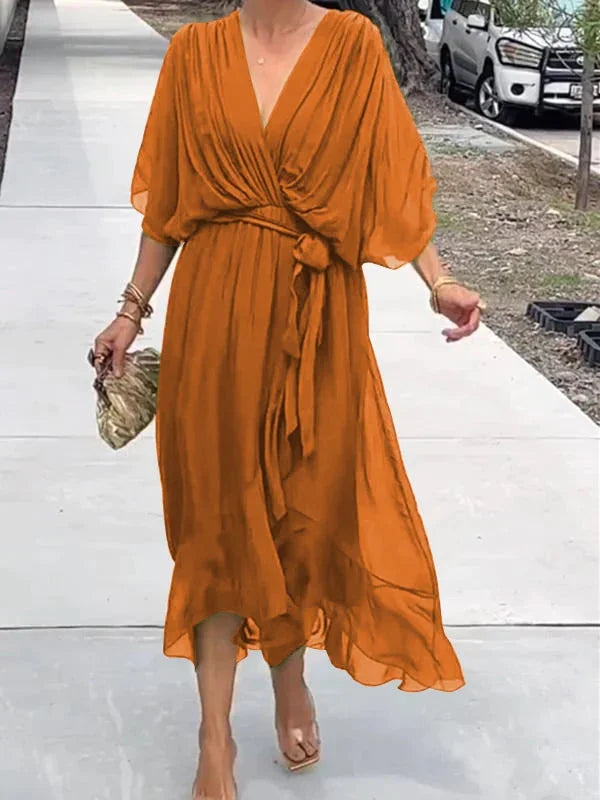 Damen Maxikleid – Luftiger Schnitt – Kimonoärmel – Verstellbare Taille – V-Ausschnitt