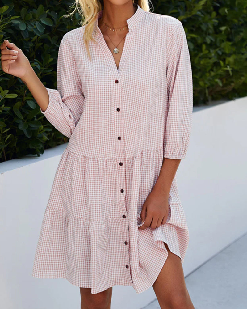 Damen A-Linienkleid – Natürliche Fasern – Karomuster – 3/4-Arm – Stufenrock