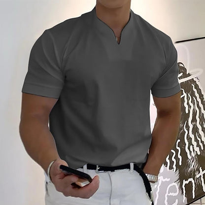 Herren Kurzarmhemd – Slim Fit – Atmungsaktives Gewebe – Stehkragen – V-Ausschnitt