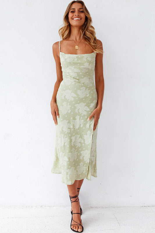 Damen Slip Midikleid – Cowl Neck – Hoher Schlitz – Florales Muster – Luxus Stoff