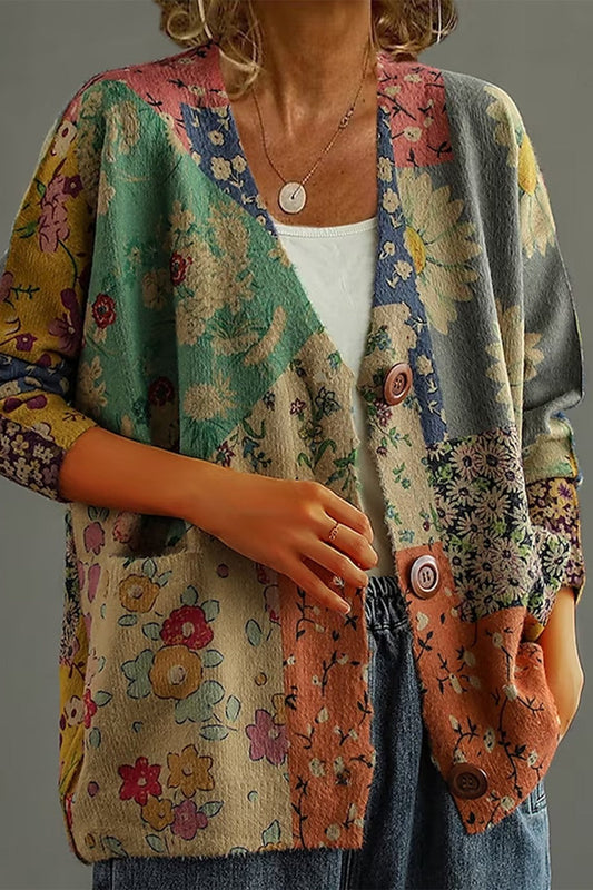 Damen Strickjacke – Lockerer Schnitt – V-Ausschnitt – Florales Patchwork – Weiche Masche