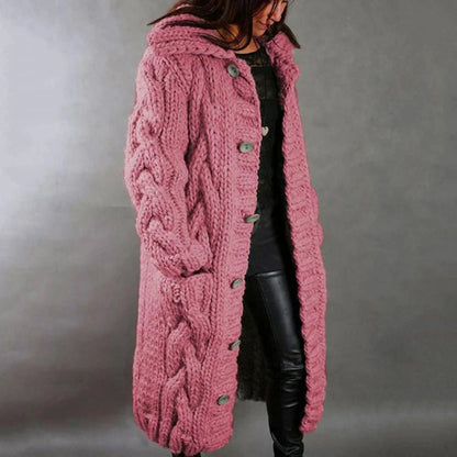 Damen Strickmantel – Oversize Passform – Grobes Zopfmuster – Mit Kapuze Langform