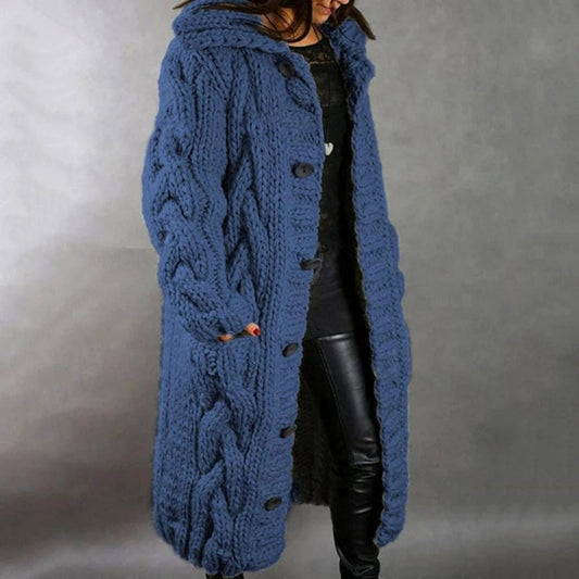 Damen Strickmantel – Oversize Passform – Grobes Zopfmuster – Mit Kapuze Langform