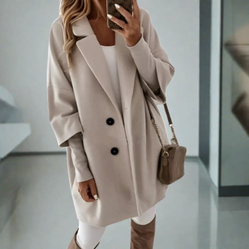 Damen Mantel – Relaxed Fit – Wolloptik – Klassischer Reverskragen – Knopfverschluss