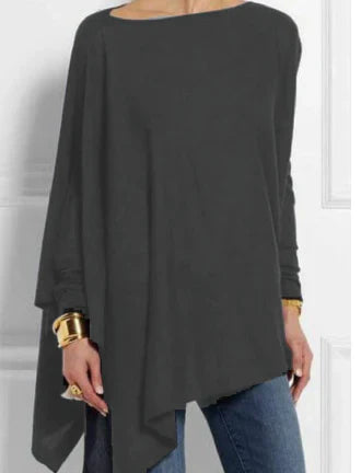 Damen Tunika Top – Weicher Strick – Oversize Passform – Asymmetrischer Saum – Langarm