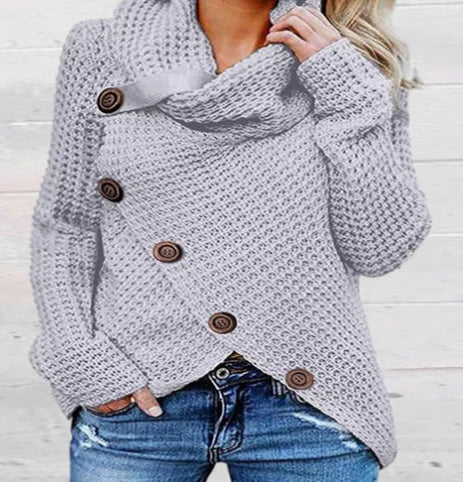 Damen Strickpullover – Lockerer Schnitt – Waffelstruktur – Cowlkragen – Zierknöpfe
