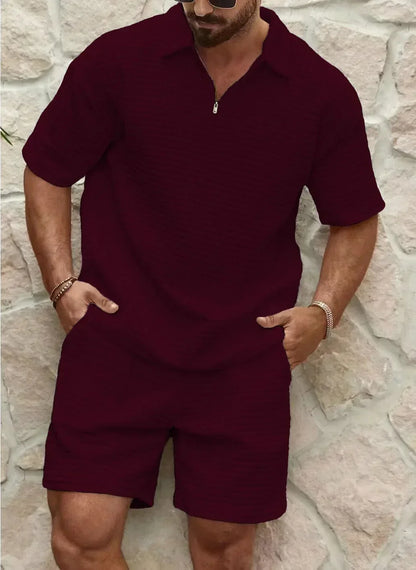 Herren Kurz Set – Relaxed Fit – Strukturstoff – Half-Zip Top – Elastischer Bund