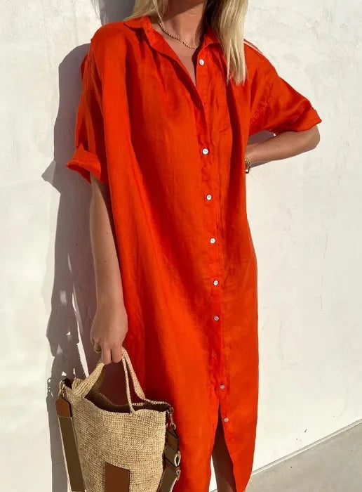 Damen Shirtkleid – Lockere Passform – Natürliche Fasern – Knopfleiste – Midi-Länge