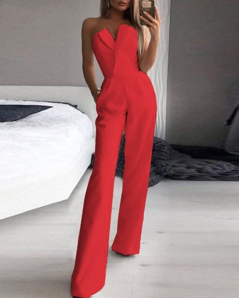 Damen Jumpsuit – Elegante Passform – Schulterfrei – Weites Bein – Mit Taschen
