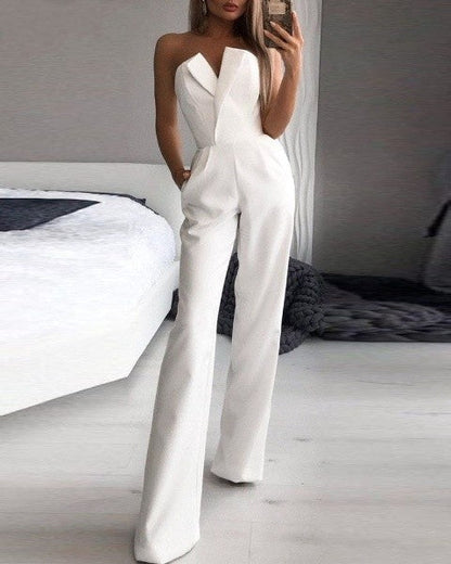 Damen Jumpsuit – Elegante Passform – Schulterfrei – Weites Bein – Mit Taschen