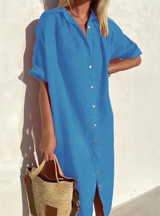 Damen Shirtkleid – Lockere Passform – Natürliche Fasern – Knopfleiste – Midi-Länge