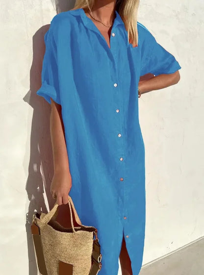 Damen Shirtkleid – Lockere Passform – Natürliche Fasern – Knopfleiste – Midi-Länge