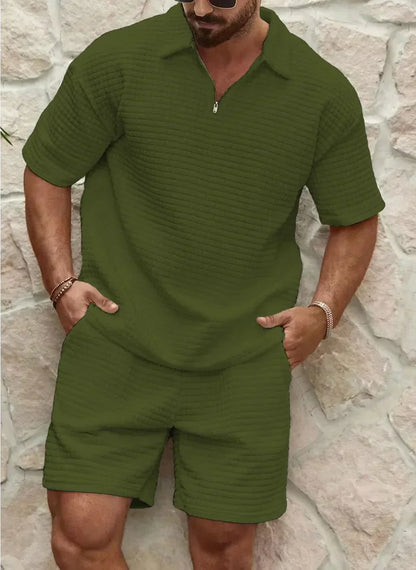 Herren Kurz Set – Relaxed Fit – Strukturstoff – Half-Zip Top – Elastischer Bund