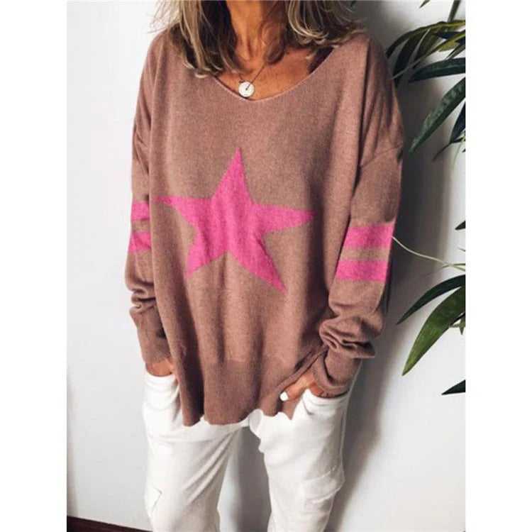 Damen Pullover – Lockerer Schnitt – Weicher Strick – Sternmotiv – Rundhals – Langarm