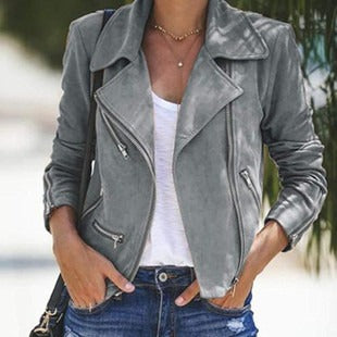 Damen Jacke – Slim Fit – Veloursoptik – Asymmetrischer Zipper – Kurzschnitt