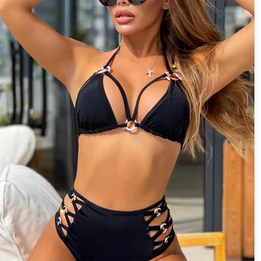 Damen Bikini Set – Dreiecks-Top – High Waist mit Cut-outs – Atmungsaktives Material