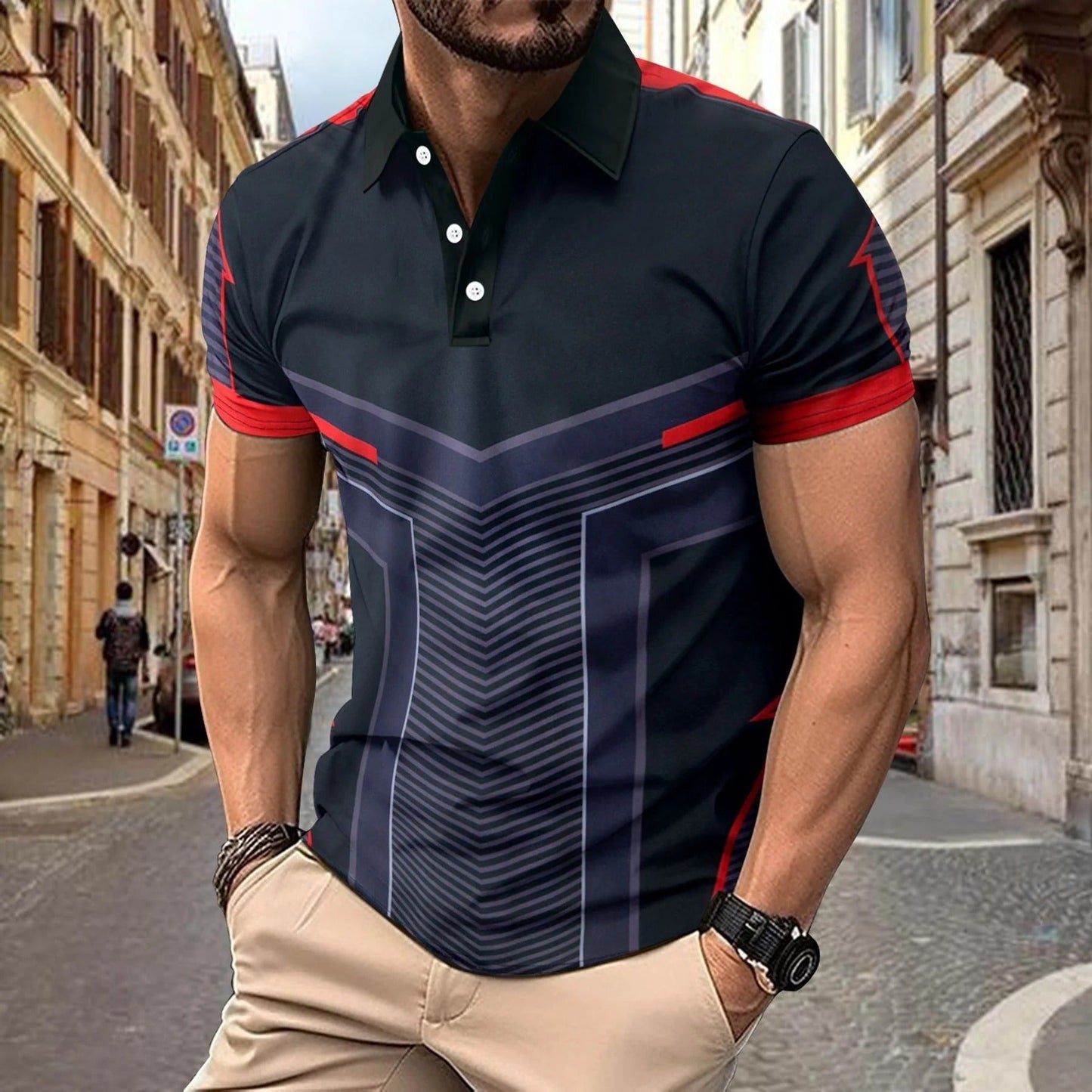 Herren Poloshirt – Slim Fit – Atmungsaktives Strick – Geometrisches Muster – Kurzarm