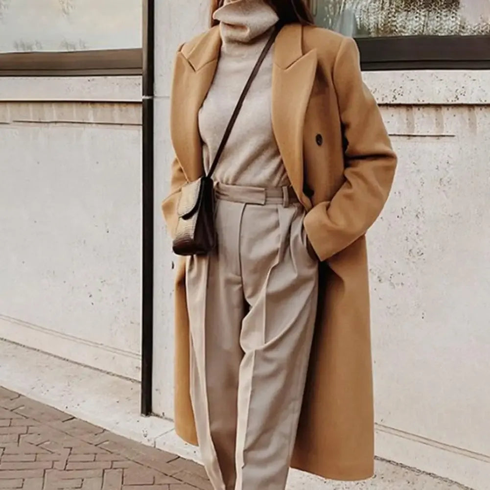 Damen Trenchcoat – Taillierte Passform – Wolloptik – Doppelreihig – Reverskragen
