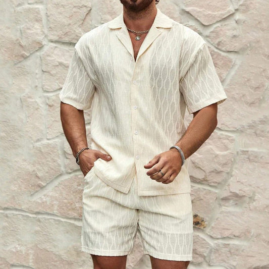Herren Set aus Hemd und Shorts – Relaxed Fit – Atmungsaktives Baumwollgewebe – Kurzarm – Elastischer Bund