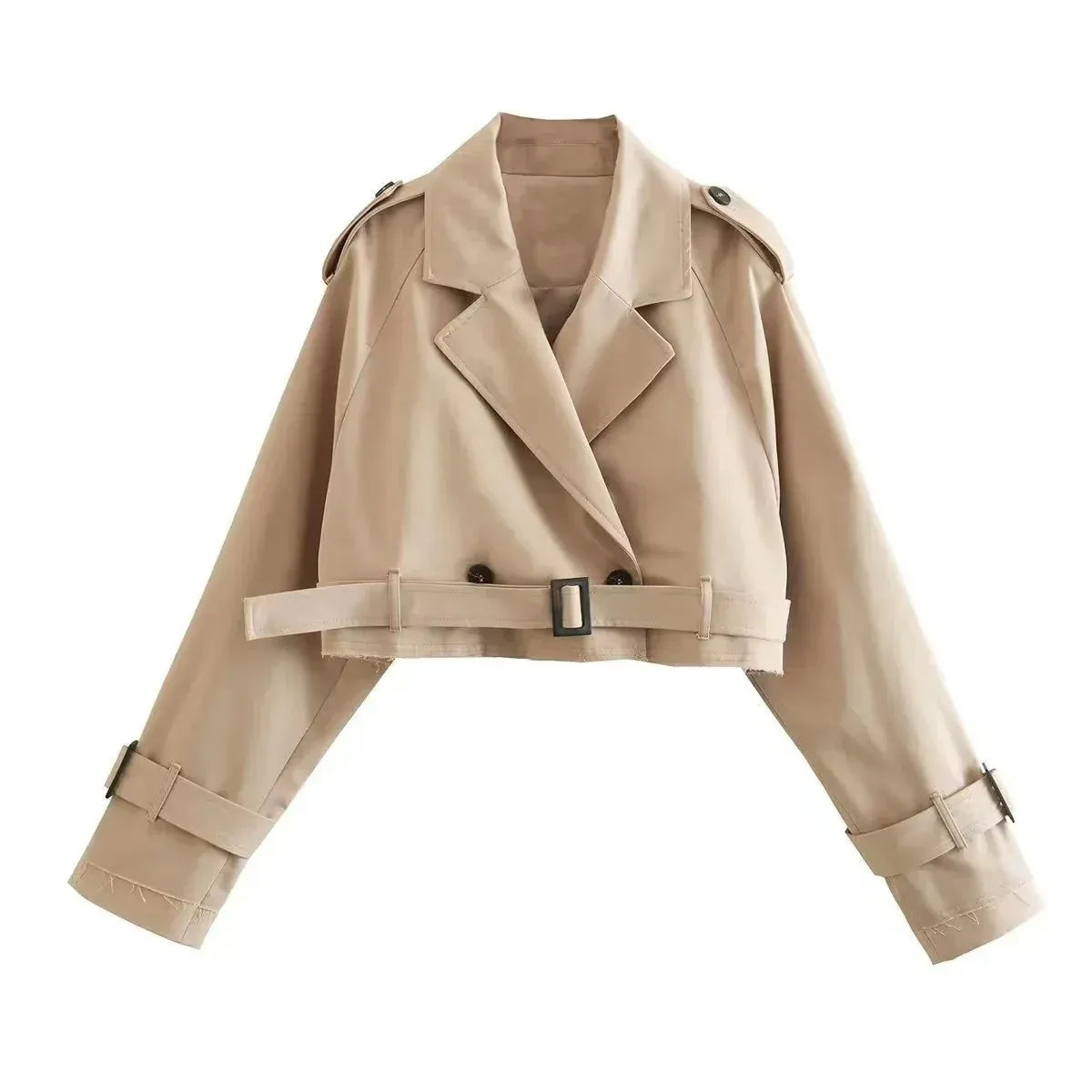 Damen Trenchcoat – Kurz geschnitten – Doppelreihig – Tailliert mit Gürtel – Strukturierter Look